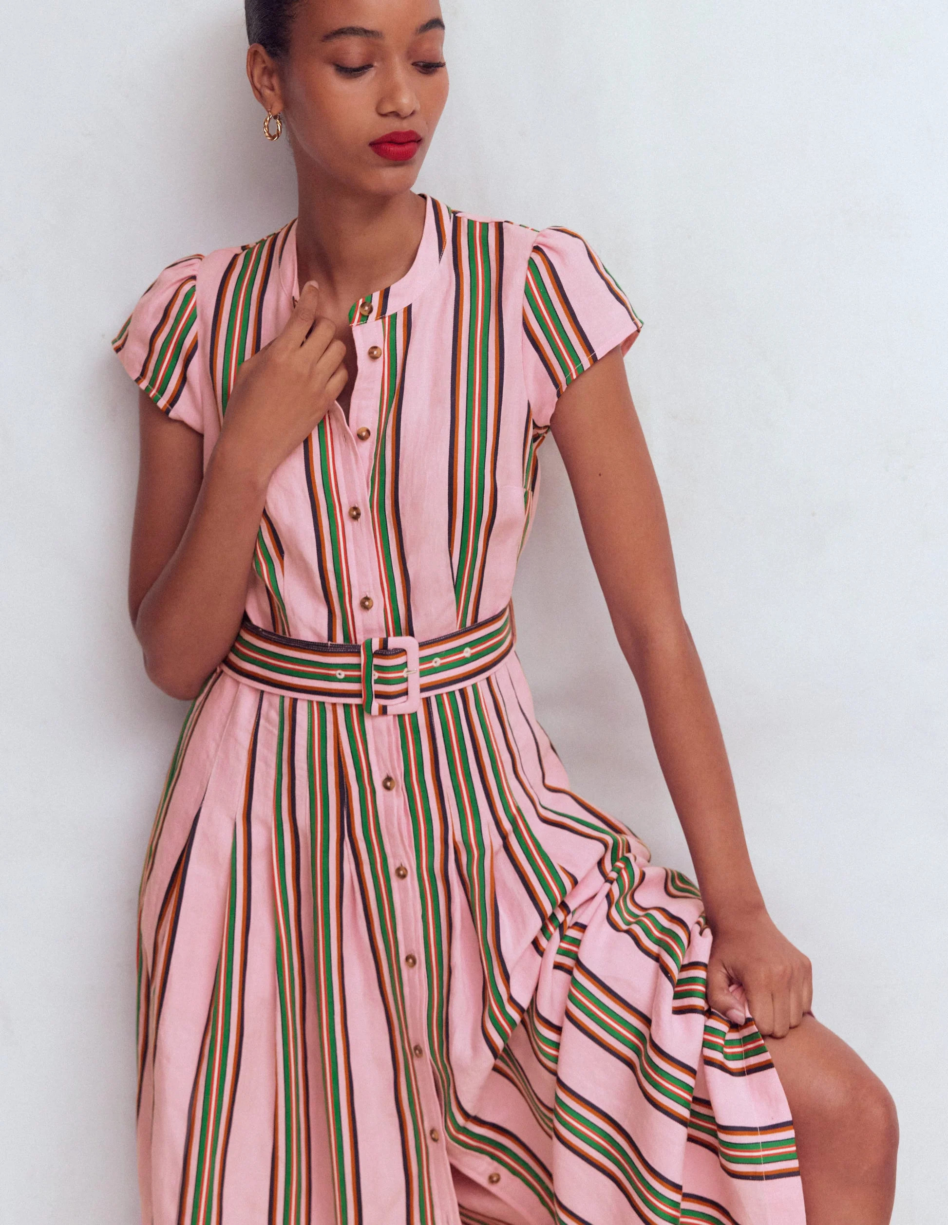 Arabella Linen Blend Dress-Pink, Rich Emerald Stripe | Boden (US)