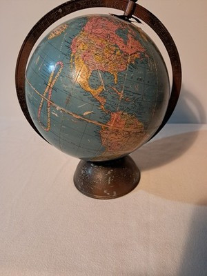 Vintage Rotating World Globe Metal Base Antique Map Design Blue Yellow Pink | eBay US