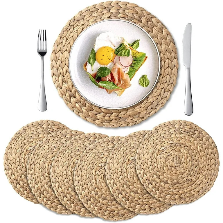 4 Pack, Round Woven Placemats, Natural Water Hyacinth Wicker Place mats, Braided Straw Table Mats... | Walmart (US)