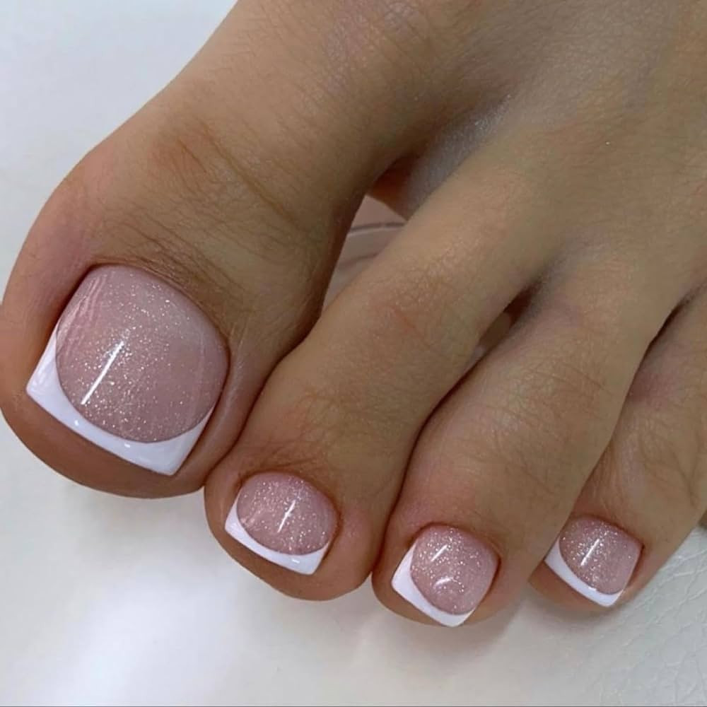 24PCS White French Tip Press on Toenails Short Square Natural Nude Glitter Fake Toenails Acrylic ... | Amazon (US)