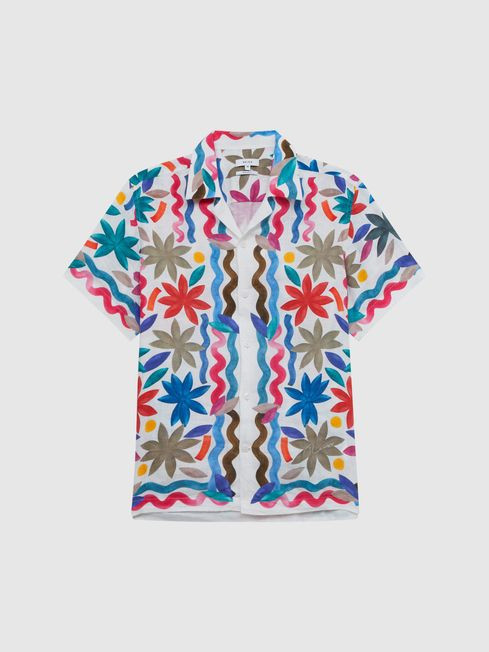 Reiss Multi Delphi Linen Floral Cuban Collar Shirt | Reiss UK