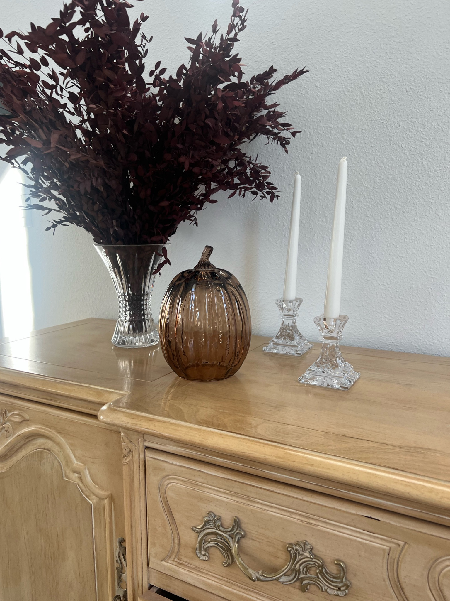 Waterford crystal vase.  Candle sticks. Fall glass pumpkins. Fall home decor. Fall decor. Fall decor. Crystal decor. Waterford Crystal. Maroon leaves. Fall leaves. Faux leaves. 

#LTKFallSale #LTKSeasonal #LTKHome