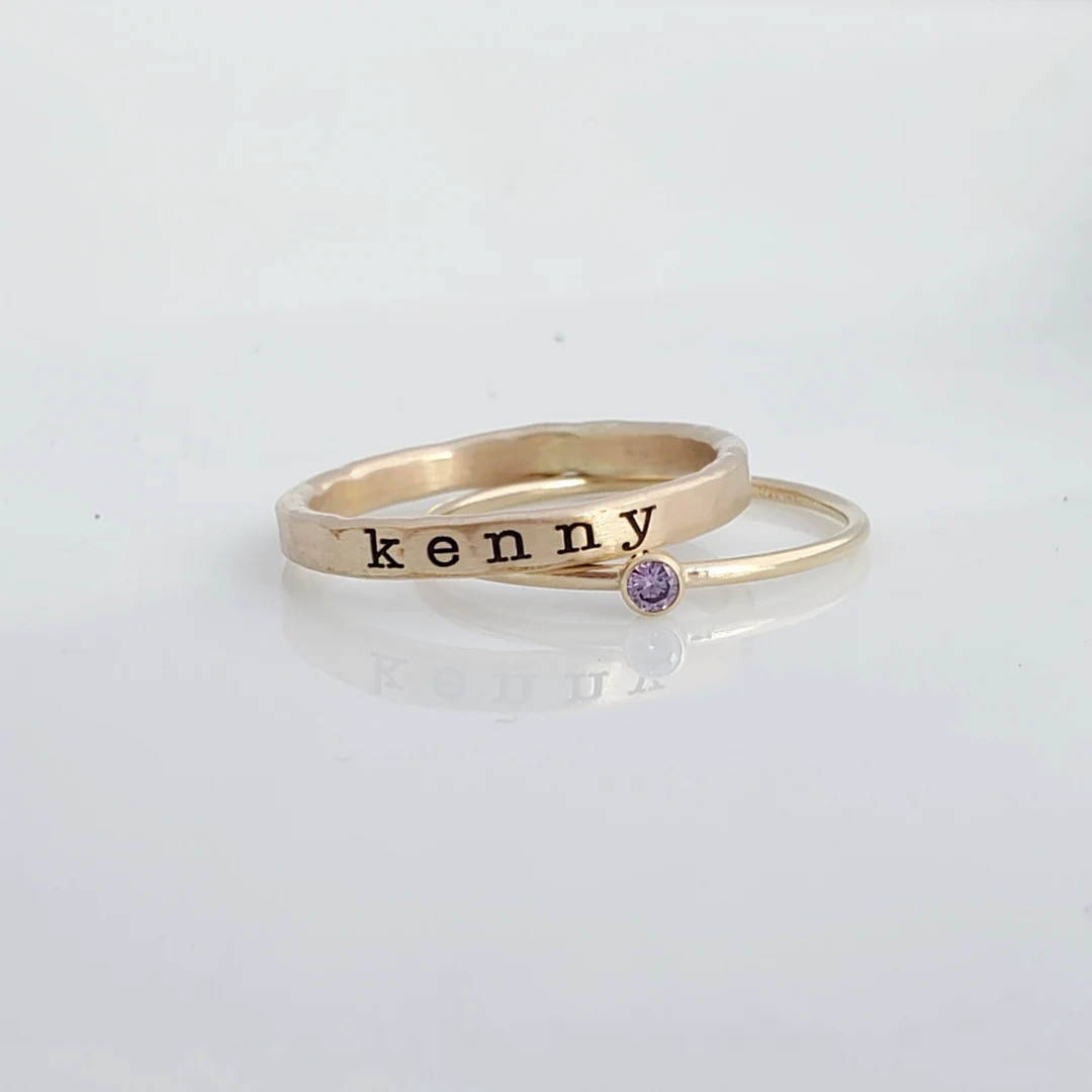 Birthstone Ring Set Stackable Rings Mother's Ring Yellow Gold Filled Name & Birthstone Rings 14k ... | Etsy (US)