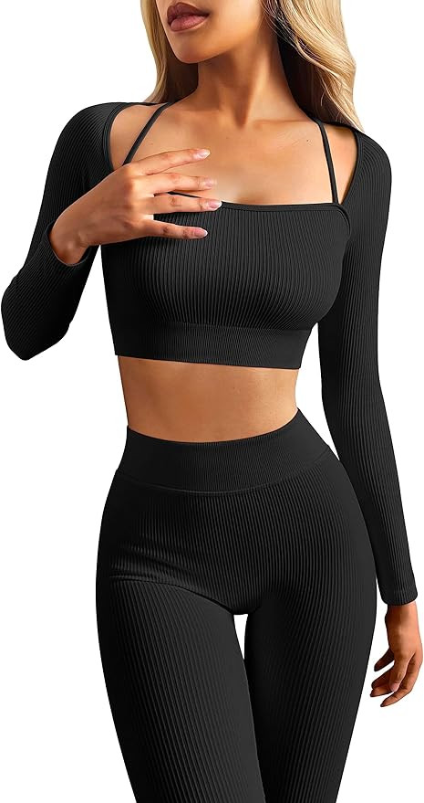 OQQ Yoga Outfits for Women 2 Piece Seamless Ribbed Workout High Waist Leggings with Crop Top Exer... | Amazon (US)