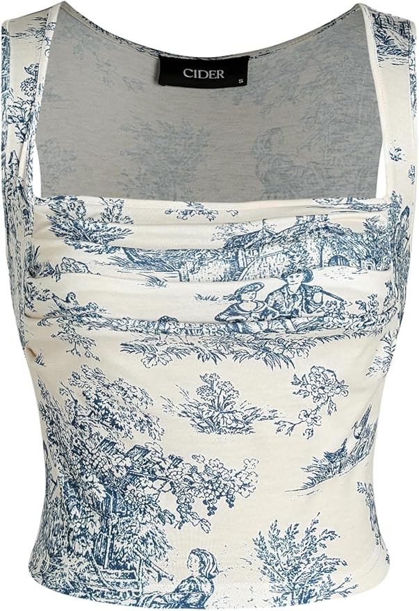 CIDER Women Square Neck Tank Tops Sleeveless Ruched Floral Cute Going Out Summer Trendy Crop Top | Amazon (US)