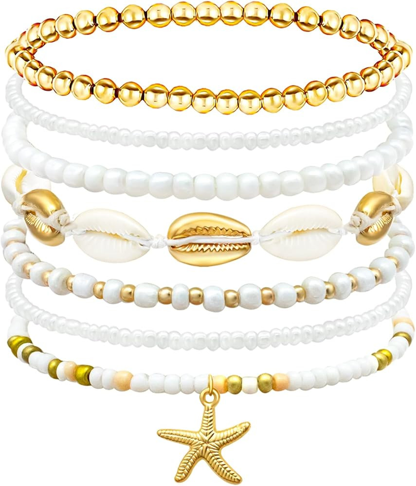 Beach Bracelets for Women Bohemian Stackable Heishi Surfer Bracelet Set Elastic Seashell Starfish... | Amazon (US)