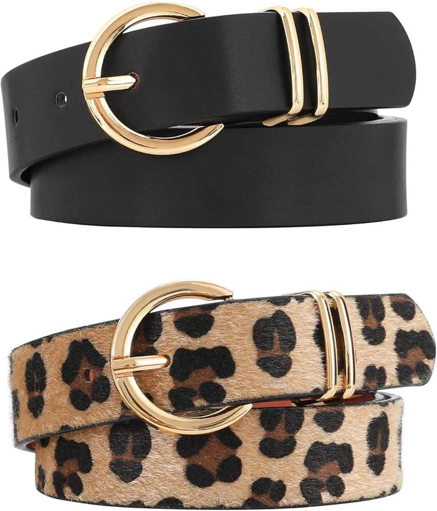 VONMELLI 2 Pack Women's Leather Belts for Jeans Dresses Fashion Gold Buckle Ladies Belt | Amazon (US)