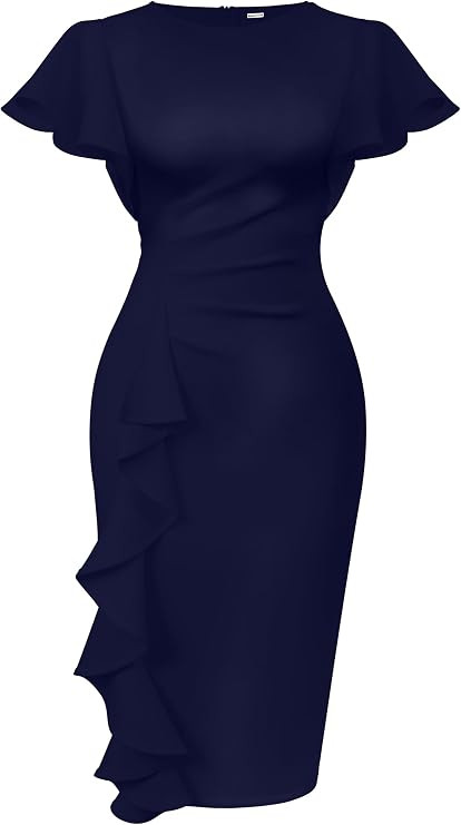 Memoriesea Women's Church Ruffle Sleeve Ruched Work Midi Dress | Amazon (US)