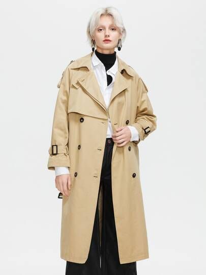 ZIAI Buckle Strap Double Breasted Trench Coat | SHEIN