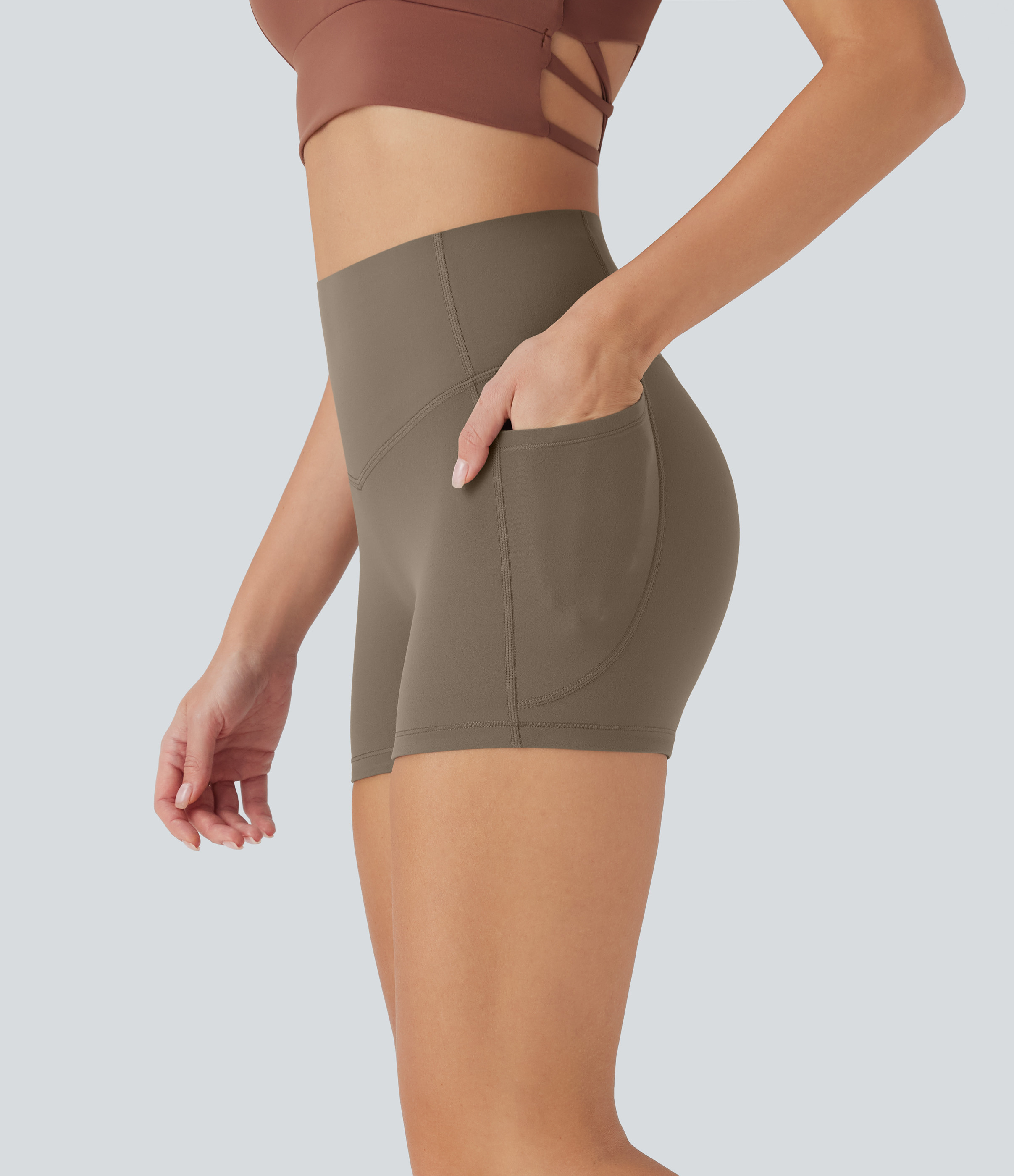Halara Halara UltraSculpt™ SoCinched High Waisted Tummy Control Pocket Shaping Training Biker Shorts 3''  - Dawn Brown - M biker shorts women | HALARA