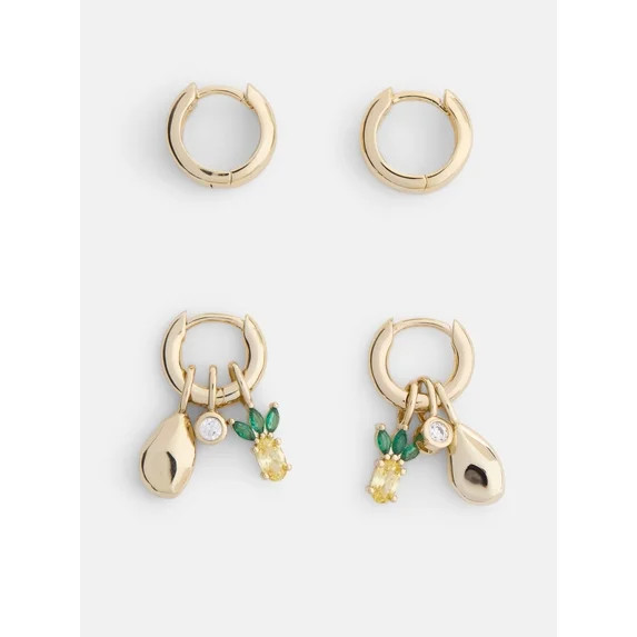 Free Assembly Women's Demi Fine 14K Gold Plated Duo Hoop and Cubic Zirconia Pineapple Earring Set... | Walmart (US)