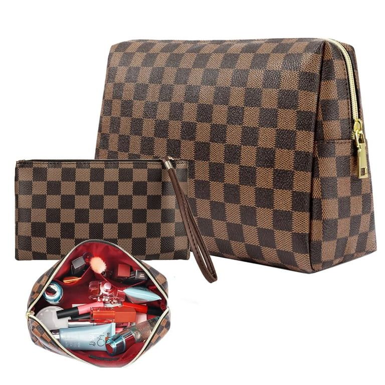 Checkered Makeup Bag, Brown 2Pcs  Cosmetic Travel Bags, Portable Toiletry Organizer for Women, Li... | Walmart (US)