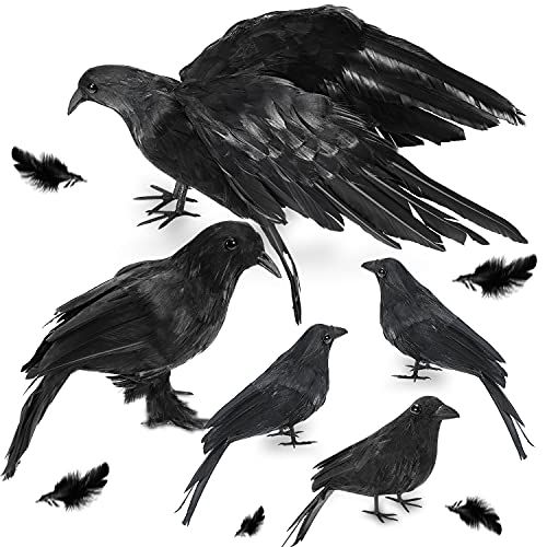 WEBSUN Halloween Crow Decorations 5 Pack, Realistic Handmade Black Feather Crows Prop Fly and Stand Crows Ravens for Outdoors and Indoors Halloween Decorations | Amazon (US)