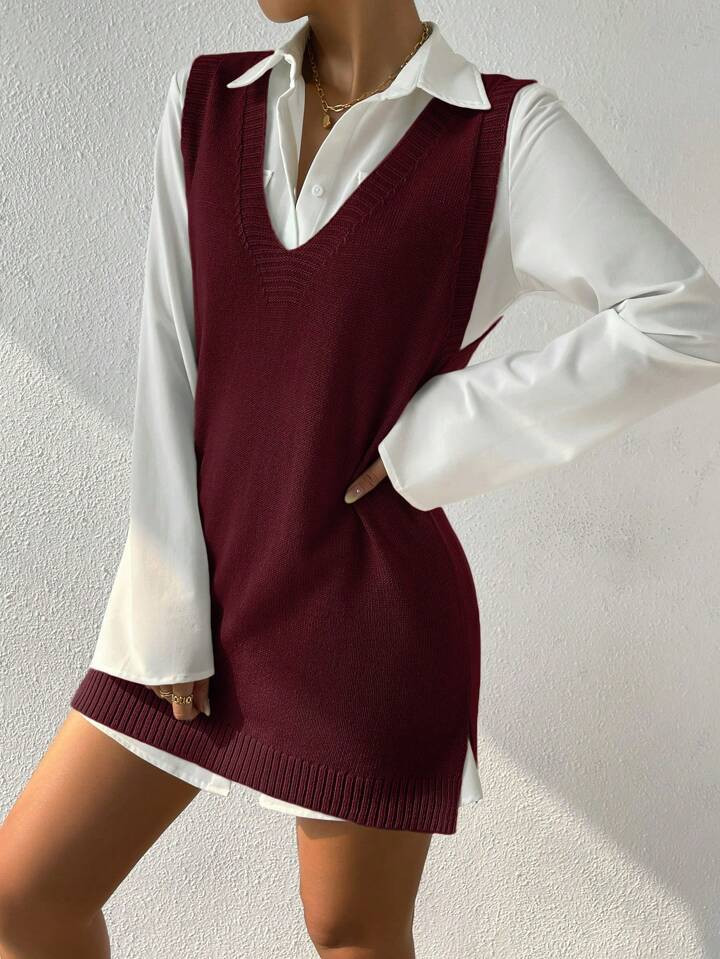 EMERY ROSE Oversized Tiefer V-Ausschnitt Basic Strickpullover Kleid. Für Partys, Musikfestivals,... | SHEIN