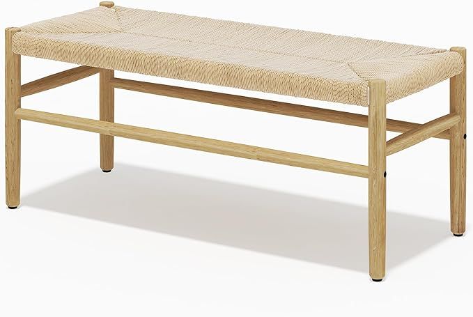 Recaceik Indoor Entryway Bench with Paper Cord Ottoman, Mid-Century Long Bench with Rubber Wood L... | Amazon (US)