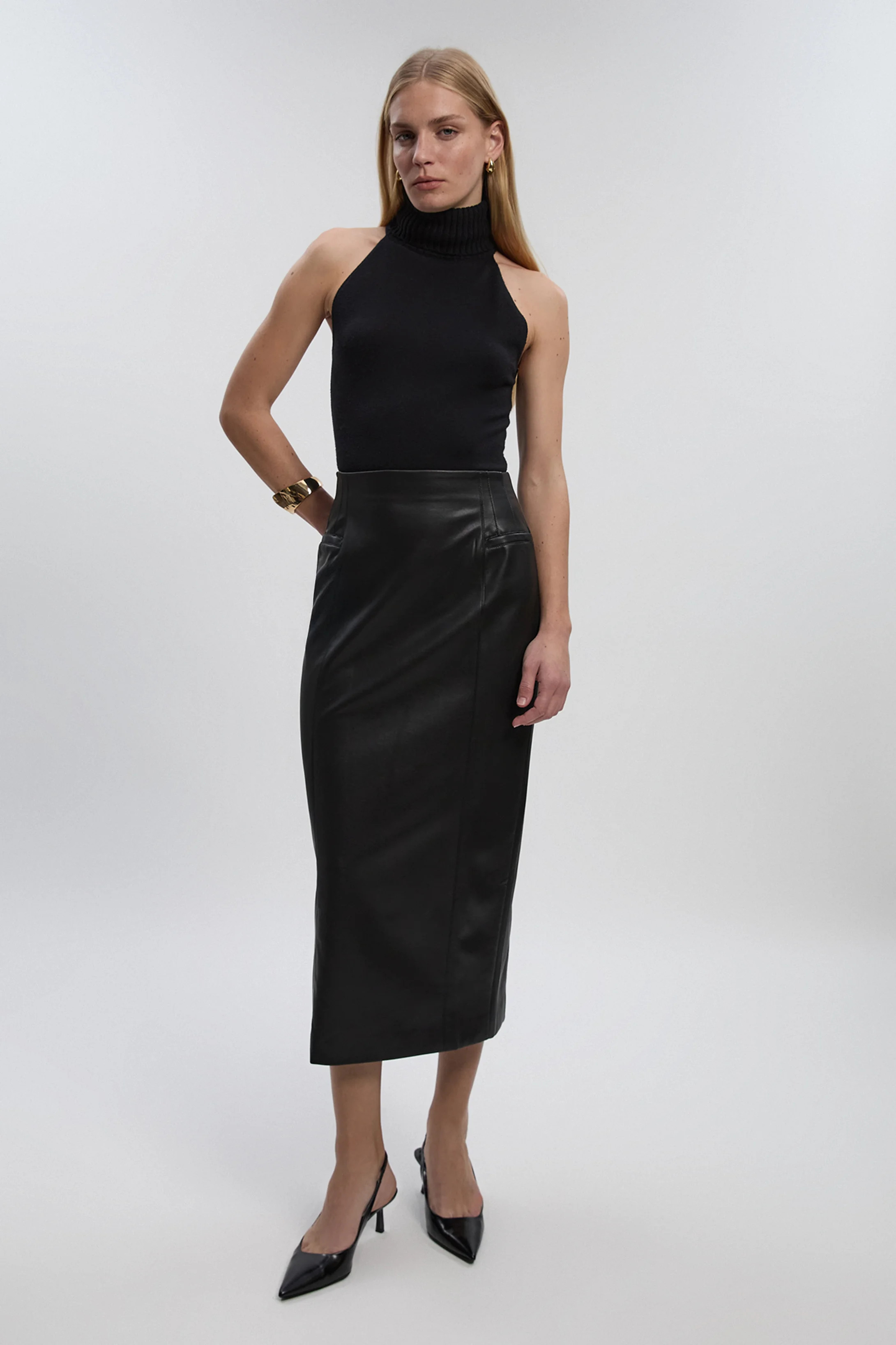 Faux Leather Seam Waist Detail Pencil Midi Skirt | Karen Millen UK + IE + DE + NL