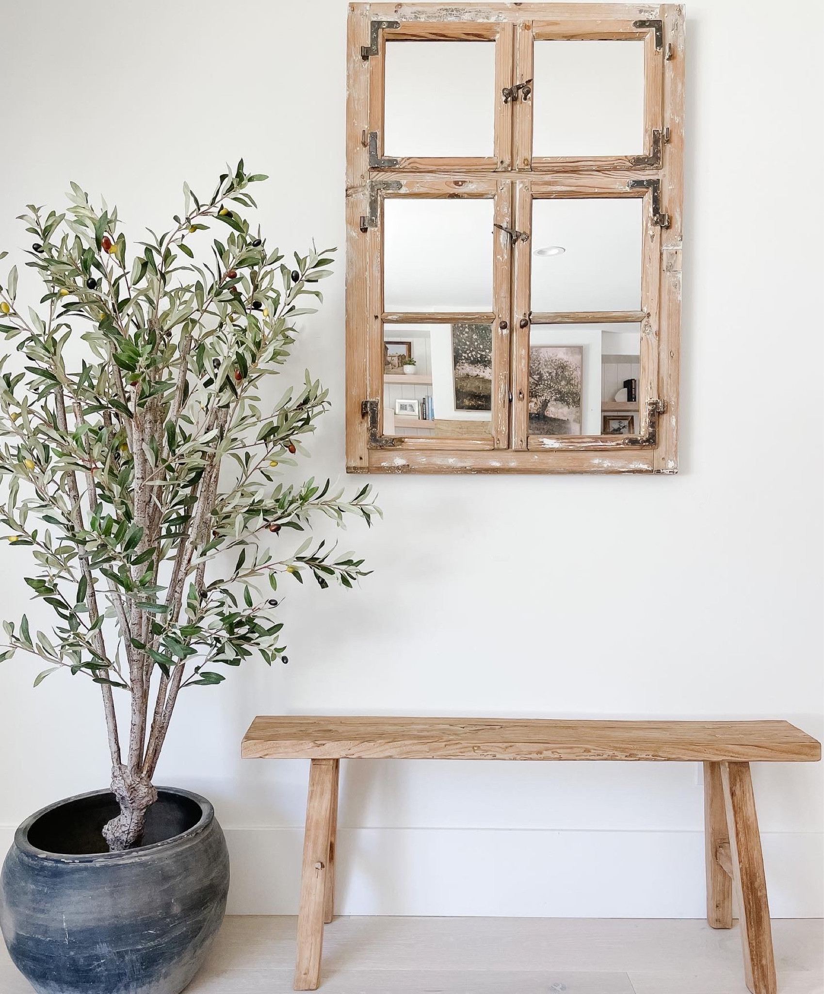 Vintage bench, Vintage window and vintage pot paired with  a faux olive tree 😍

#LTKhome