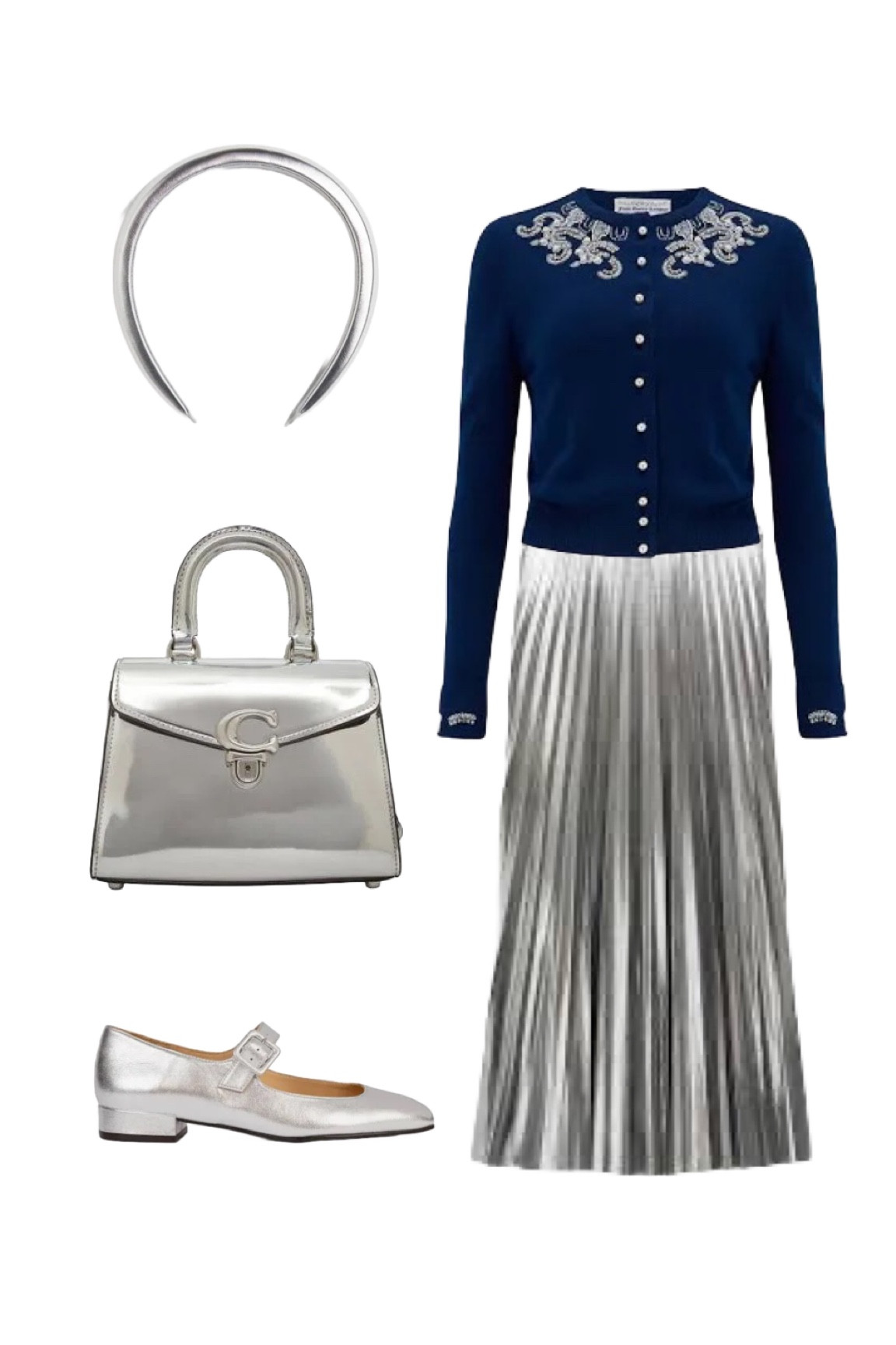 You’re so Art Deco! Take inspiration from the glamorous 1920s and 1930s this holiday season and partner the beautiful vintage-inspired Seamstress of Bloomsbury silver & pearl embellished cardigan with the Hush liquid silver metallic pleated maxi skirt, Coach Sammy silver leather top handle bag, Penelope Chilvers silver leather Mary Janes & H&M silver padded headband. Blue and silver is always a winning combination and you could wear this for a special date night or New Year’s Eve. 

#LTKCyberWeek #LTKuk #LTKeurope