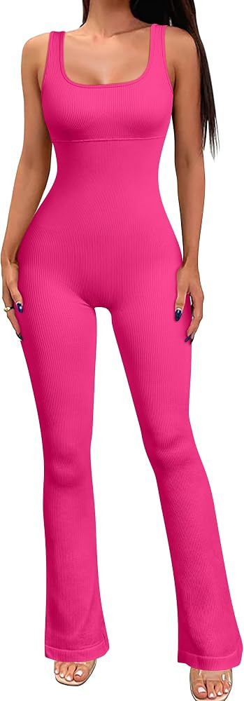 OQQ Women‘s Yoga Jumpsuits Ribbed Workout Sleeveless Tank Tops Bell Bottoms Flare Jumpsuits | Amazon (US)
