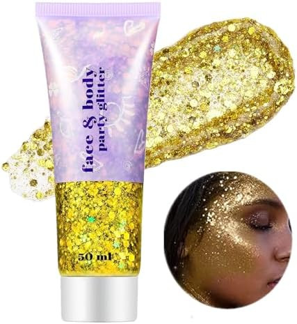 Go Ho Gold Face Body Glitter,Mardi Gras Glitter Makeup Gold Face Paint,Holographic Chunky Sequins... | Amazon (US)