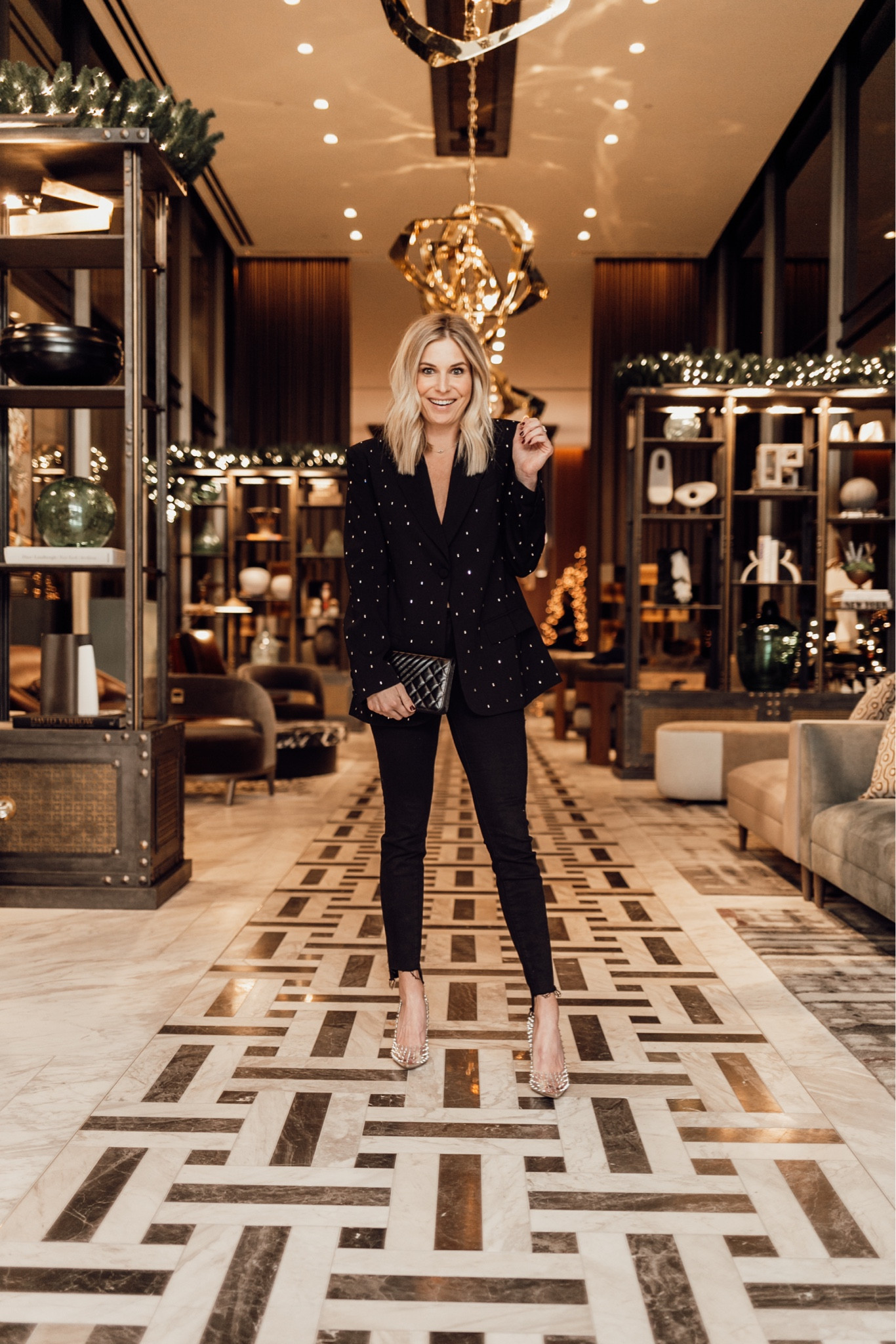 From work to a night out 🖤 embroidered black blazer, skinny jeans, black clutch and clear pumps  

#LTKSeasonal #LTKHoliday #LTKparties