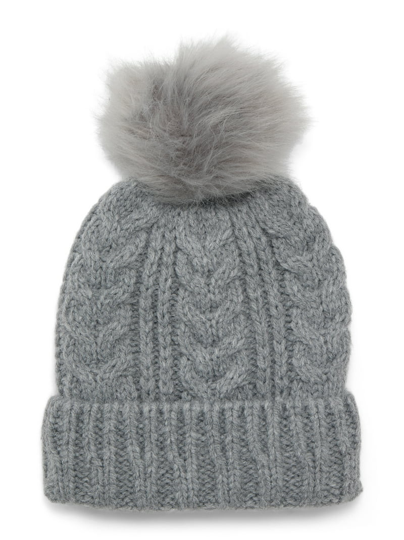 Time and Tru Women's Cable Pom Cuff Beanie, One Size Fits Most, Medium Grey Heather | Walmart (US)