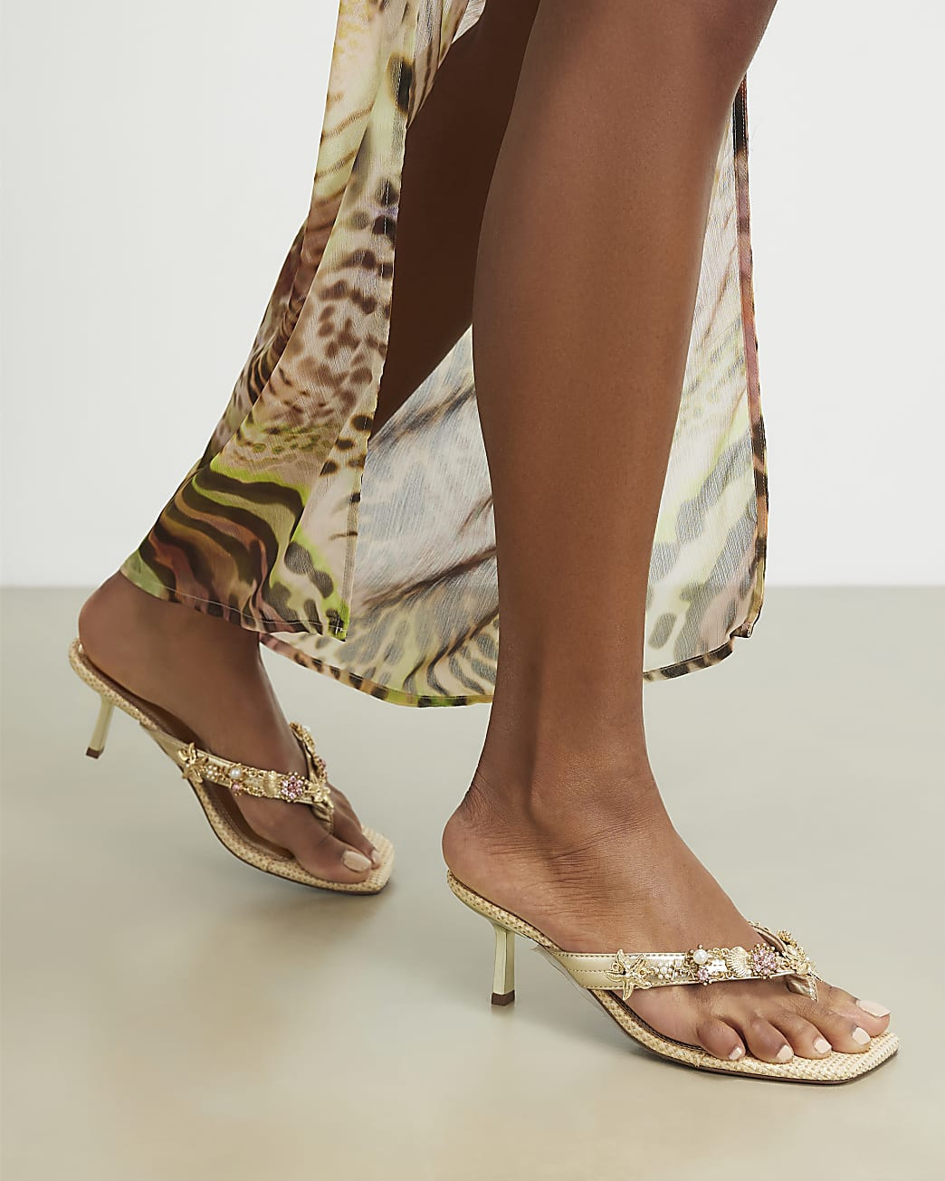 Gold Shell Toe Thong Heeled Sandals | River Island UK & IE
