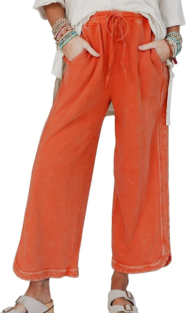 Hixiaohe Women's Casual Wide Leg Sweatpants High Waist Baggy Acid Wash Pants Drawstring Athletic ... | Amazon (US)