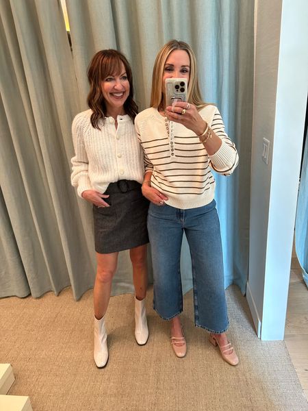 Sezane fall new arrivals! Wool mini skirt, white boots, white sweater, striped sweater, crop jeans, French style, Paris style, work outfit 

#LTKworkwear #LTKstyletip #LTKover40