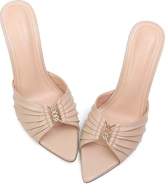 iiimmu 3.5 IN Stiletto Mules High Heels with Pointed Peep Toe Heeled Sandals Faux Leather | Amazon (US)