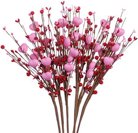 Valentine’s Day Gifts,6 Pcs Artificial Red Berry Flower Stems Pink Heart Shaped Berry Picks for... | Amazon (US)