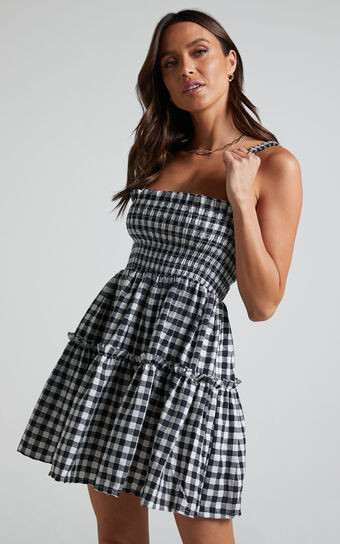 Wilda Mini Dress - Shirred Tiered Dress in Black and White Check | Showpo (US, UK & Europe)