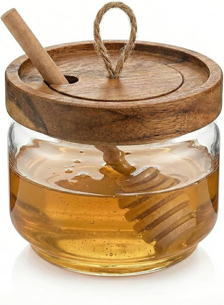 Honey Jar Pot Glass Holder Dispenser Set with Wooden Dipper Stick and Acacia Lid Cover for Home K... | Amazon (US)
