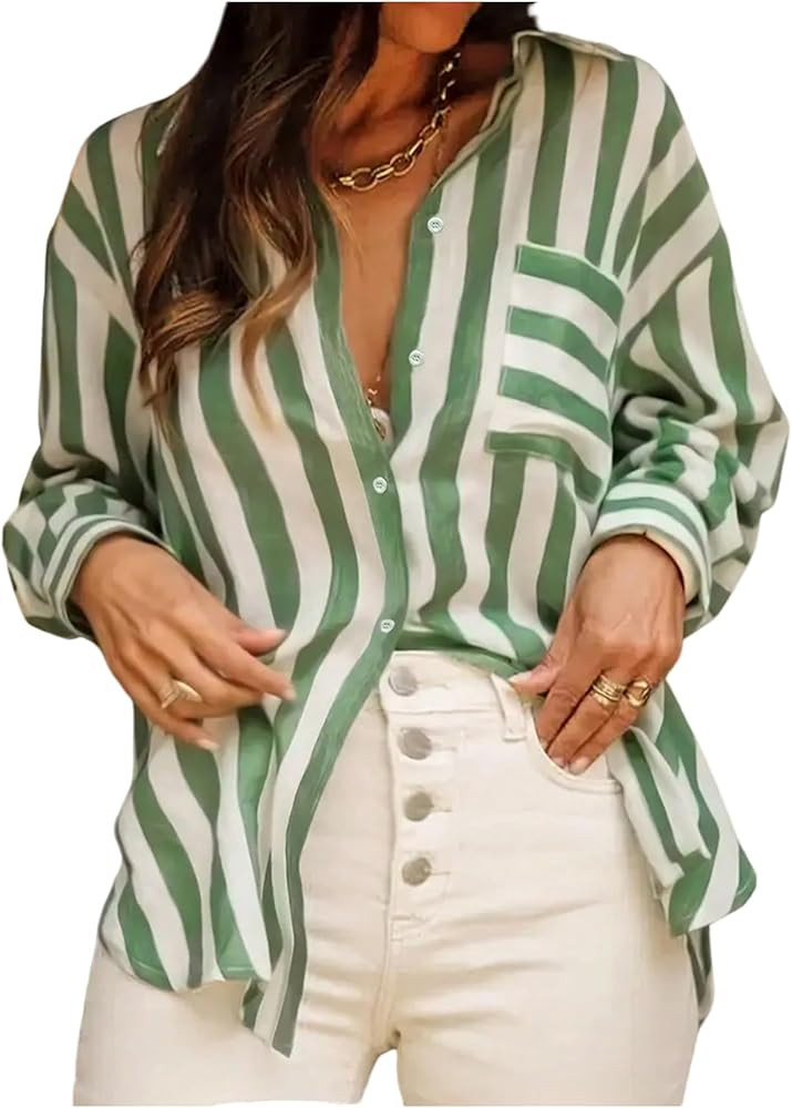 GORGLITTER Women's Striped Button Down Shirt Dressy Long Sleeve Blouses Business Casual Collared ... | Amazon (US)