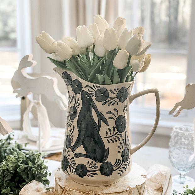 Hand Painted Rabbit And Flowers Pitcher | Antique Farm House