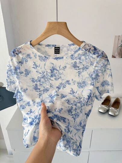 SHEIN LUNE Blue & White Print Sheer Net Crew Neck Short Sleeve Women T-Shirt, Casual Vacation Dai... | SHEIN