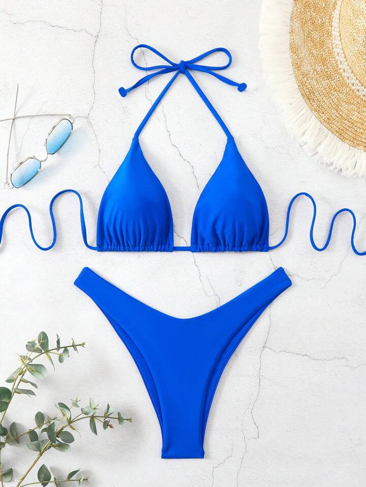 SHEIN Swim Women Summer Beach Solid Halter Neck Sexy Bikini Set For Vacation | SHEIN