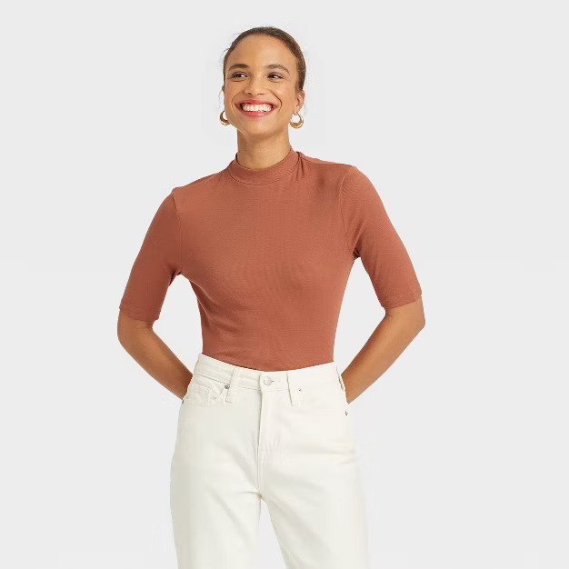 Women's Elbow Sleeve Mock Turtleneck T-Shirt - A New Day™ Light Brown XS | Target