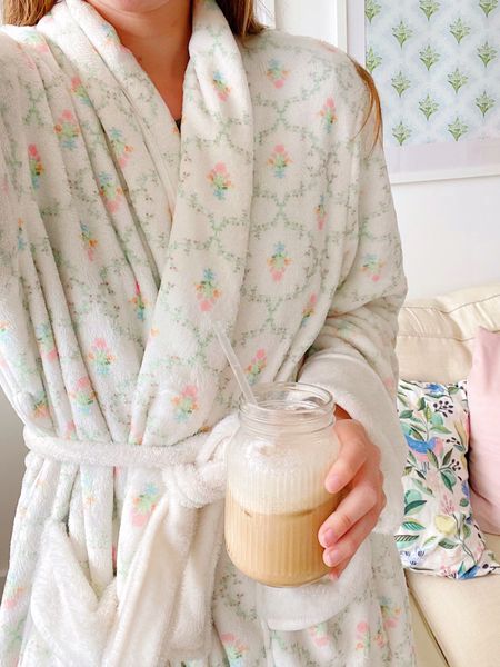 Morning WFH 🤍☕️ Hill House Inspired robe from Amazon, super soft and plush!! 

This robe goes down past my knees, I’m 5’9” for reference! It is a fuzzy material, not terry. The design is so cute!! Absolutely love it! 

#LTKU #LTKGiftGuide #LTKfindsunder50