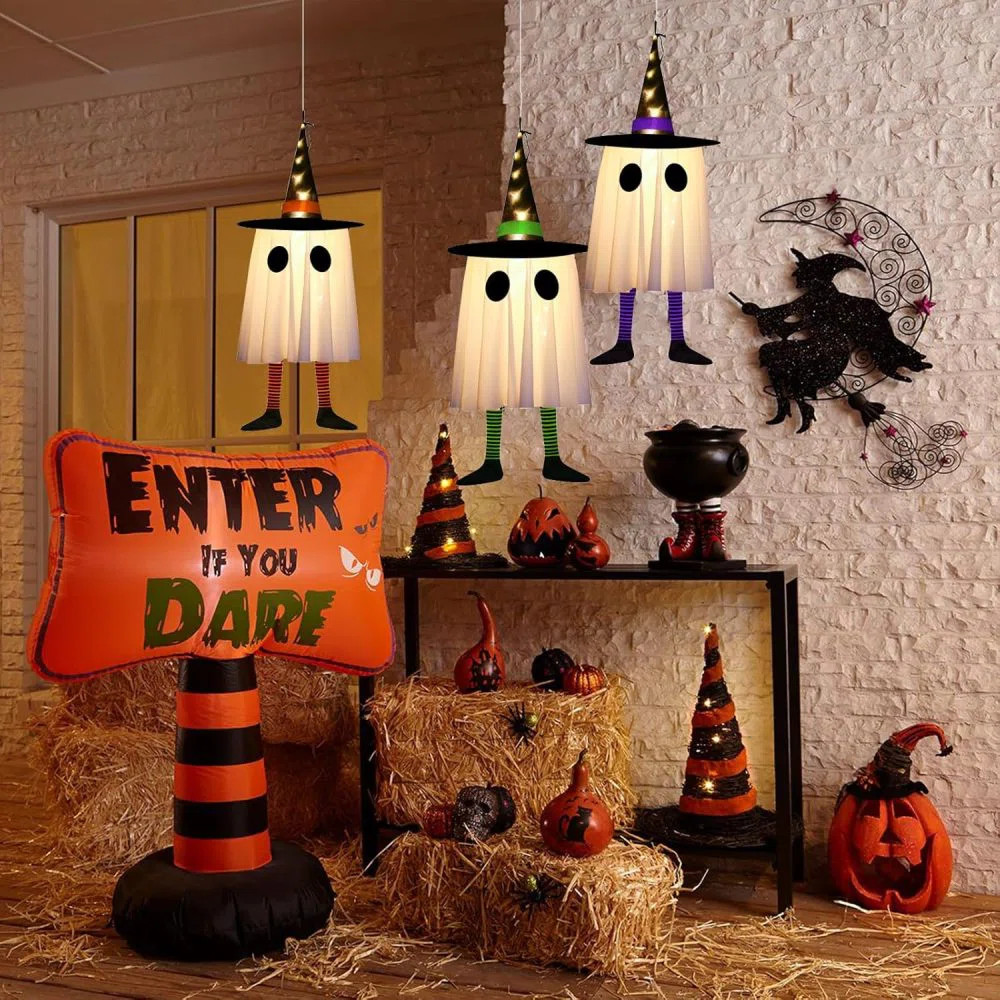 3pcs Halloween Hanging Ghosts Set with Glowing Witch Hats - 3 Ghosts in Colors (Orange, Purple, G... | Wayfair North America