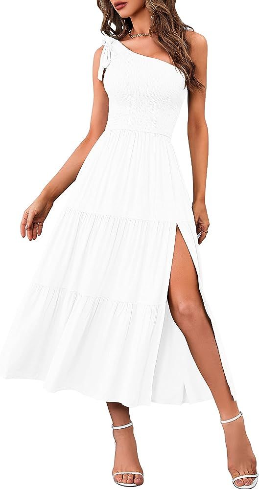 MEROKEETY Women's Summer One Shoulder Sleeveless Knot Smocked Midi Dress Split Tiered Flowy Dresses | Amazon (US)