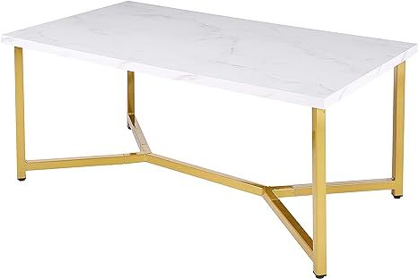AZL1 Life Concept Marble Gold Mid Century Modern Rectangle Coffee Table, White | Amazon (US)