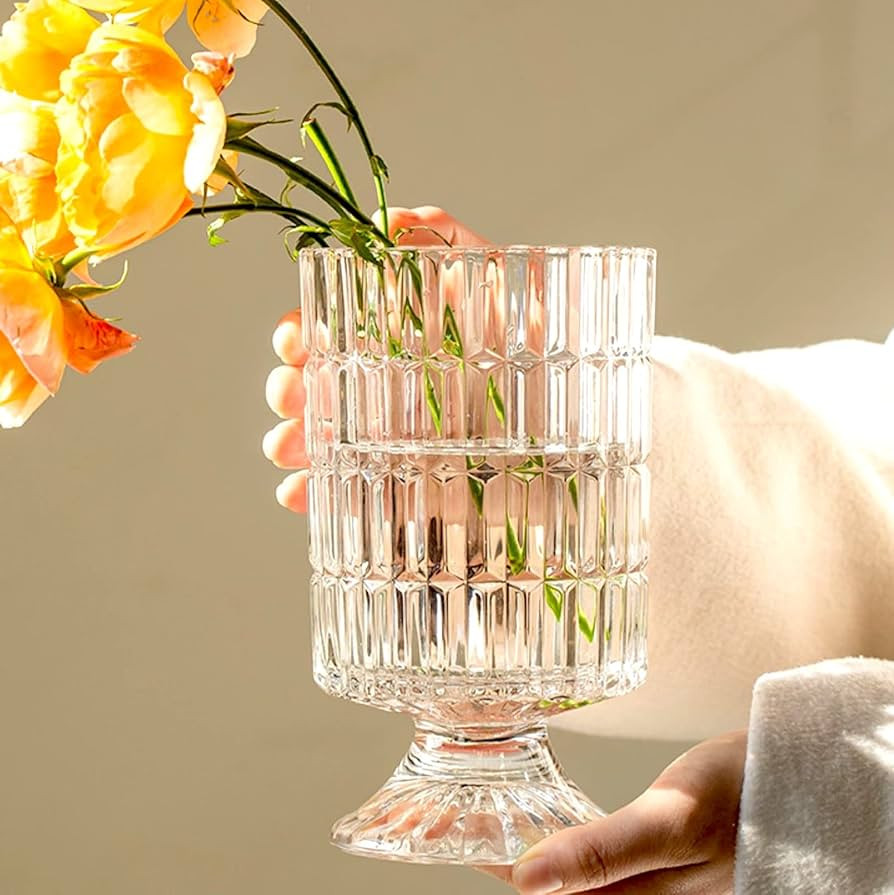 BLOFLO Embossed Glass Vase, 7'' Crystal Glass Vases, Pedestal Big Base Glass Bouquet Vase, Hydrop... | Amazon (US)