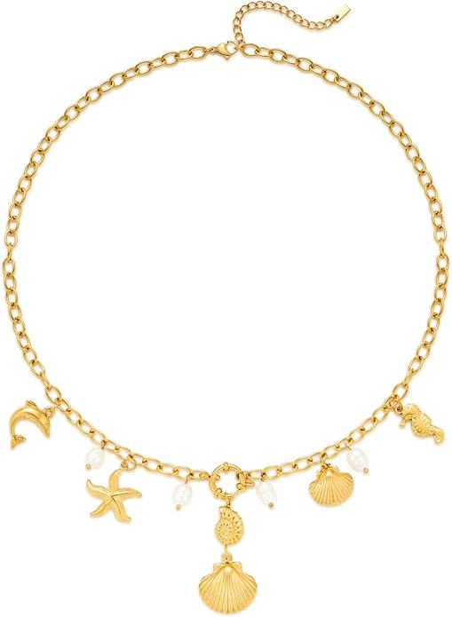 Beach Charm Necklace for Women Shell Starfish Conch Dolphin Seahorse Pendant Necklace for Summer ... | Amazon (US)