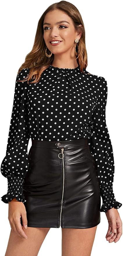 Floerns Women's Elegant Polka Dot Frill Neck Shirred Cuff Blouse Top | Amazon (US)