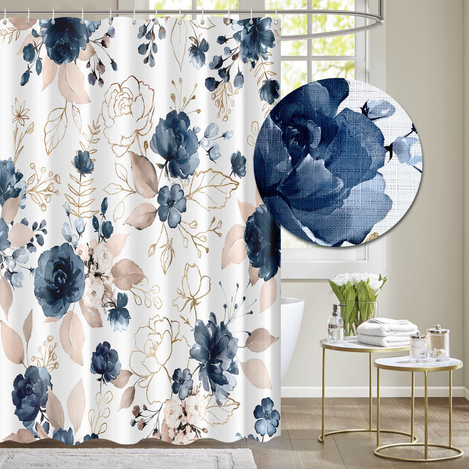 Tititex Navy Blue Floral 140gsm Faux Linen Fabric Shower Curtain, Watercolor Flowers Leaves Bathr... | Amazon (US)
