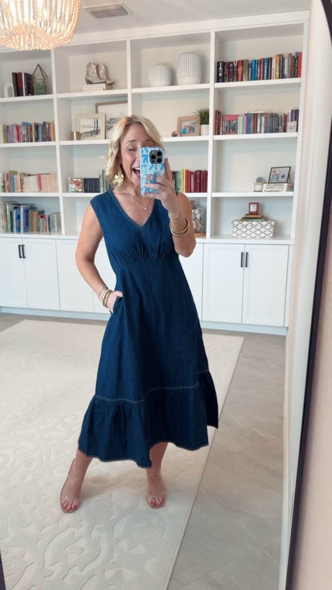 Walmart work(ish) wear:
• Sleeveless Denim Dress w/ Ruffle Hem - size XS. $22.98. Comes in 2 colors. 

#LTKFindsUnder50 #LTKOver40 #LTKSeasonal