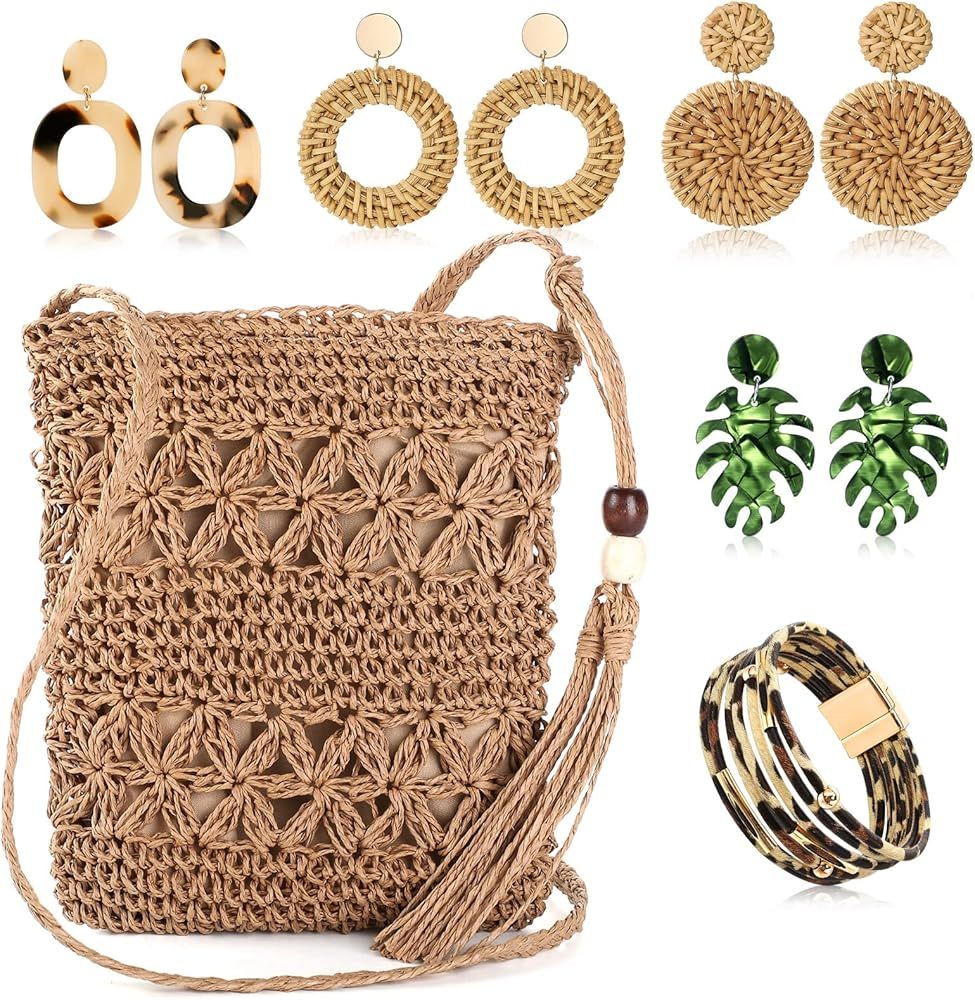 Hicarer Beach Purse Earrings Set Straw Bag Vacation Purse with 4 Rattan Boho Tropical Earrings Le... | Amazon (US)