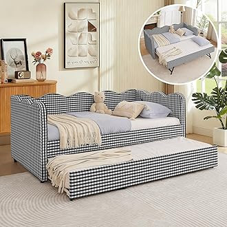 Twin Size Upholstered Daybed with Trundle, Gingham Daybed with USB Ports for Bedroom Living Room ... | Amazon (US)
