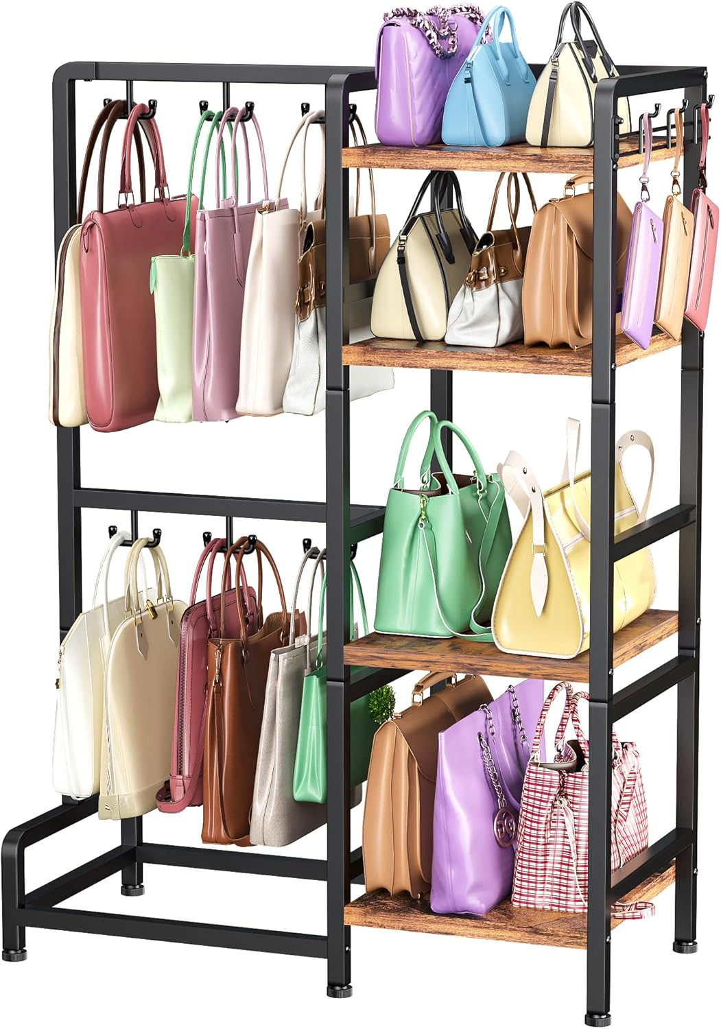YOHKOH Purse Organizer, 4-Tier Purse Rack Stand with 12 Fixed Hooks & 3 Side Hooks, Bag Organizat... | Amazon (US)